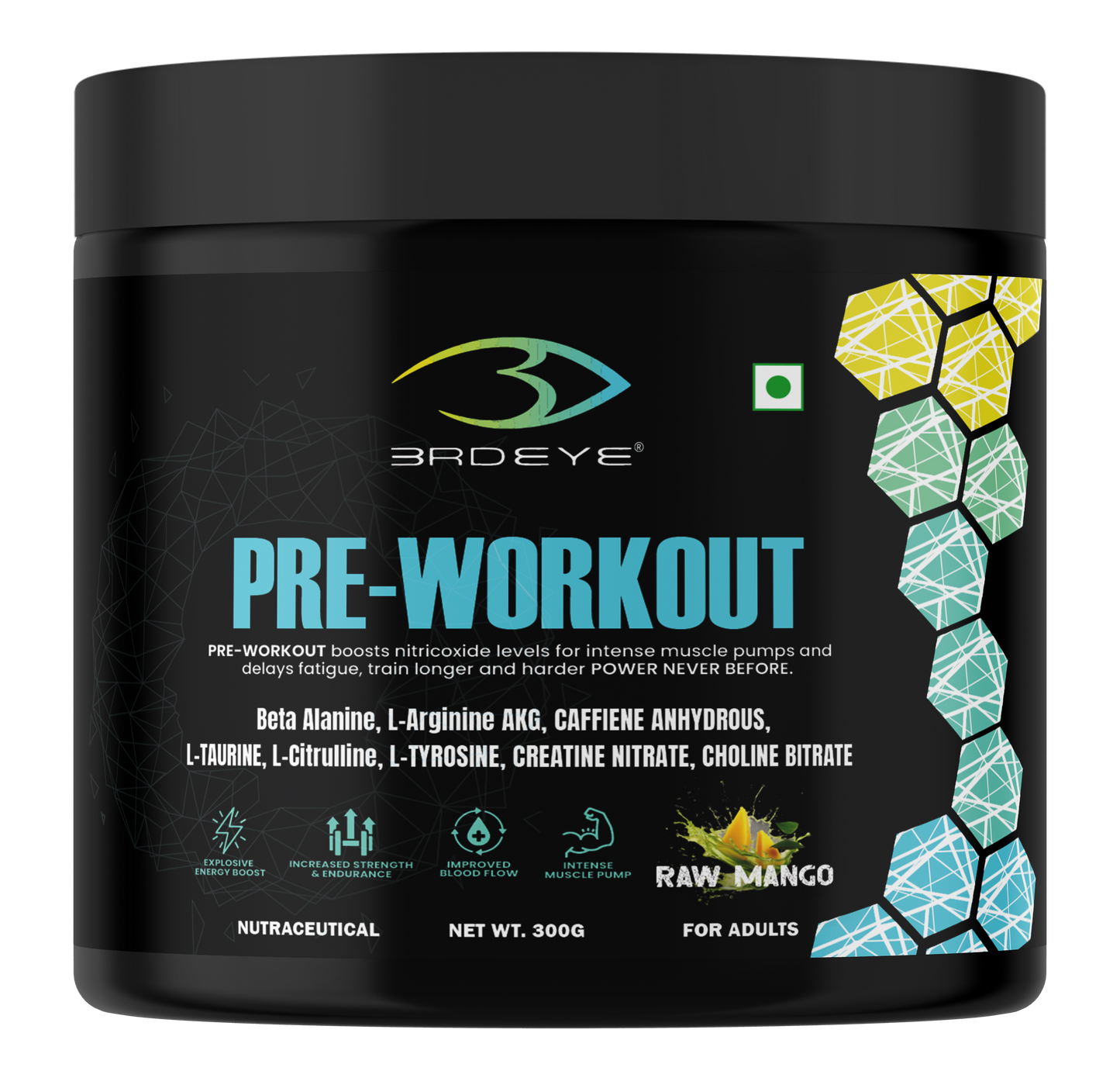 3RD EYE Pre-Workout Powder | Raw Mango Flavour | Energy, Focus & Endurance | 300g