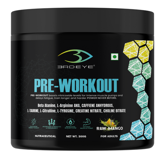 3RD EYE Pre-Workout Powder | Raw Mango Flavour | Energy, Focus & Endurance | 300g